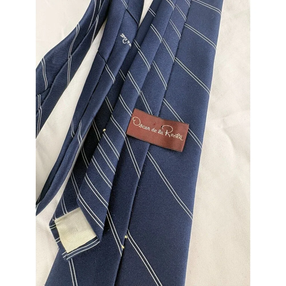Lot of 2 Vintage Oscar de la Renta Pinstripe Silk Neck Ties Set Burgundy Navy